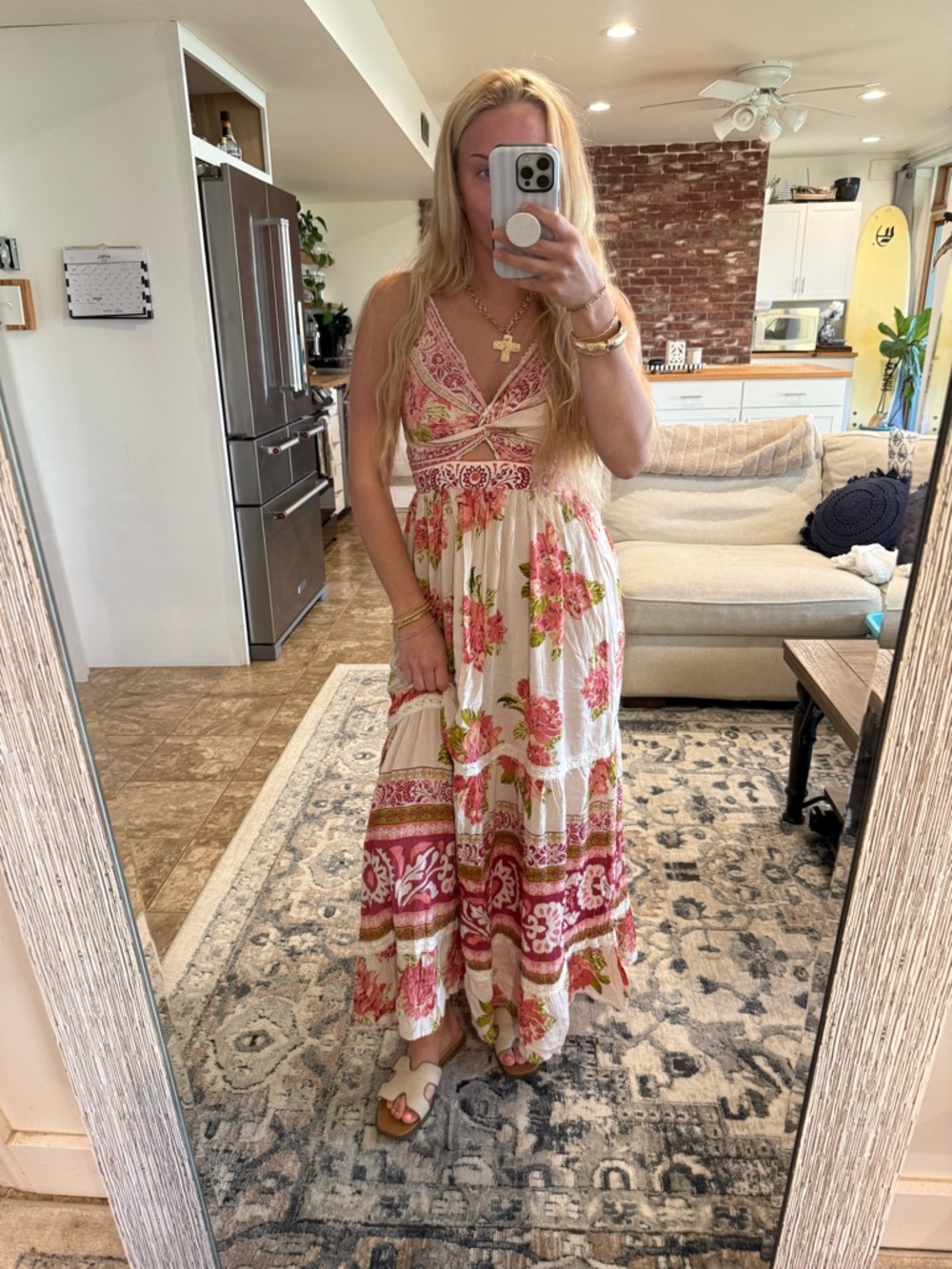 Bohemian Floral Maxi Dress - Pink & Cream